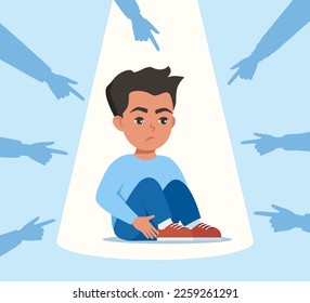 Sad or depressed young man surrounded by hands with index fingers pointing at him. Concept of quilt, accusation, public censure and victim blaming. Flat vector illustration