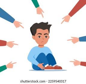 Sad or depressed young man surrounded by hands with index fingers pointing at him. Concept of quilt, accusation, public censure and victim blaming. Flat vector illustration