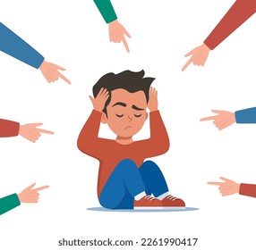 Sad or depressed young man surrounded by hands with index fingers pointing at him. Concept of quilt, accusation, public censure and victim blaming. Flat vector illustration