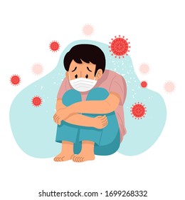 Sad depressed young man wearing protective mask sitting alone with virus around him, Vector Illustration