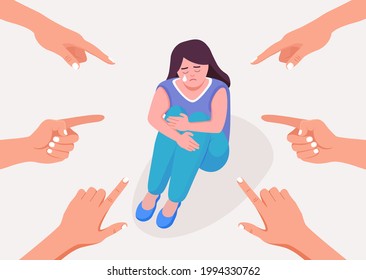 Sad or depressed young woman cries and covers her face. Girl surrounded by hands with index fingers pointing at her. Bullying, accusation, public censure and victim blaming concept Vector illustration