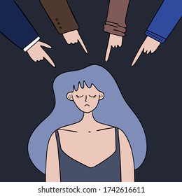 A sad or depressed young woman is pointed at. The concept of victim blaming, public censure, humiliation, humiliation, guilt. Flat color vector illustration