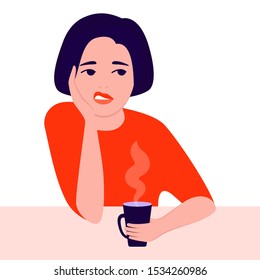 Sad, depressed young woman portrait. Experiencing negative emotions, skepticism, apathy, suffering, unhappy life. Flat cartoon vector illustration