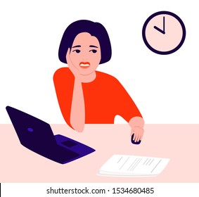 Sad, depressed young woman portrait at work in office. Experiencing negative emotions, skepticism, apathy, suffering, unhappy life, professional burnout. Flat cartoon vector illustration