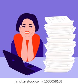 Sad, depressed young woman portrait at work in office. Experiencing negative emotions, skepticism, apathy, suffering, unhappy life, professional burnout. Flat cartoon vector illustration