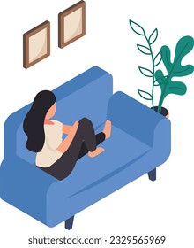 Sad depressed young woman sitting on couch isometric Concept, upset girl sitting on sofa Vector Icon Design Weekly holidays Activity Symbol, Week Rest Days Sign, Lazy weekend people Stock illustration