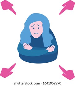 Sad or depressed young woman surrounded by hands with index fingers pointing at her. Concept of quilt, accusation, public censure and victim blaming. Flat cartoon colorful vector illustration.