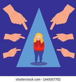 Sad or depressed young woman surrounded by hands with index fingers pointing at her. Concept of quilt, accusation, public censure and victim blaming. Mental health.Flat cartoon vector illustration.