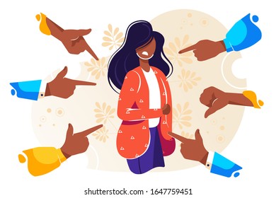 	
Sad or depressed young woman surrounded by hands with index fingers pointing at her. Concept of quilt, accusation, public censure and victim blaming. Flat cartoon colorful vector illustration.