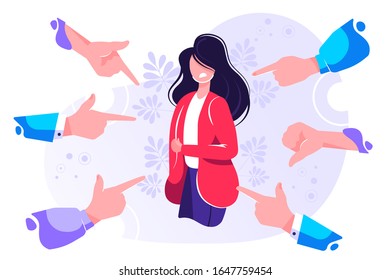 	
Sad or depressed young woman surrounded by hands with index fingers pointing at her. Concept of quilt, accusation, public censure and victim blaming. Flat cartoon colorful vector illustration.