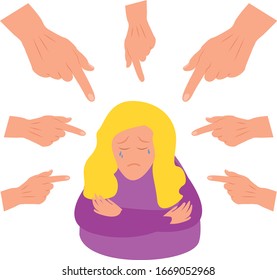 Sad or depressed young woman surrounded by hands with index fingers pointing at her. Concept of quilt, accusation, public censure and victim blaming. Mental health.Flat cartoon colorful illustration.