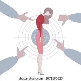 Sad or depressed young woman surrounded by hands with index fingers pointing at her. Concept of quilt, accusation, public censure and victim blaming. Flat cartoon colorful vector illustration. target