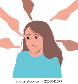 Sad or depressed young woman surrounded by hands with index fingers pointing at her. Concept of quilt, accusation, public censure and blaming victims. Cartoon flat colorful vector illustration.