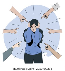 Sad or depressed young woman surrounded by hands with index fingers pointing at her. Concept of quilt, accusation, public censure and victim blaming. Flat cartoon colorful vector illustration.