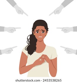 Sad or depressed young woman surrounded by hands with index fingers pointing at her. Flat vector illustration isolated on white background