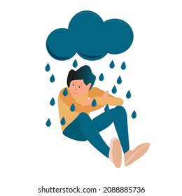 triste hombre de depresión bajo la lluvia y la nube 