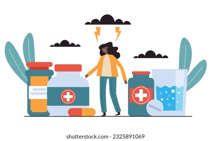 Sad depression medication drug addiction concept. Vector design graphic illustration