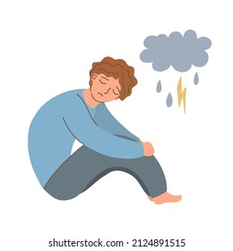 Trauriger depressiver Mensch mit Donnerwolke. Psychische Störung. Depression einsamer Mann. Frustrierter, verwirrter Cartoon-Mann sitzt auf dem Boden. Vektorgrafik auf weißem Hintergrund.