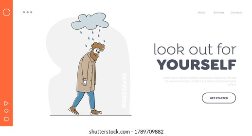 Sad Desperate Male Character Landing Page Template. Depressed and Anxious Man with Alcohol Bottle Suffer of Depression Feel Frustrated Walking under Rainy Cloud above Head. Linear Vector Illustration
