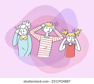 Sad desperate people suffering from migraine. Tired men and woman feeling pain, holding head. Vector illustration for depression, stress, health problem, headache concept