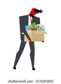 Sad devil with Dismissal box. Satans Dismissal. Vector illustration