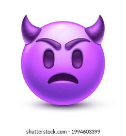 Sad Devil Emoji. Angry Emoticon With Horns, Frown Purple Face 3D Stylized Vector Icon