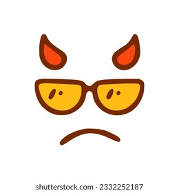 Sad devil with glasses face doodle icon. Emoticon in hand drawn style isolated on white background