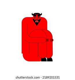 Sad Devil. melancholy Satan hugging his knees. Vector illustration
