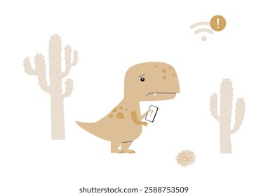 Sad Dinosaur With No Internet Signal In Flat Vector Illustration Symbolizing Connection Issues, Offline Mode, And Digital Frustration, Isolated On White Background