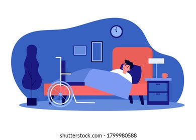 Sad disabled young man resting in bed. Insomnia, wheelchair, night flat vector illustration. Disability, loneliness, sadness concept for banner, website design or landing web page