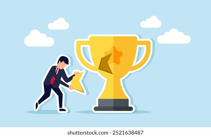 A sad and disappointed businessman carrying broken pieces of a trophy, an illustration of a businessperson's or employee's reputation damaged by their own mistakes.