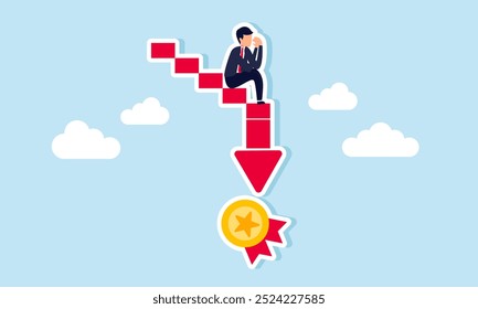 A sad and disappointed businessman sitting on a downward red graph pointing to an award medal, illustrating how business losses lead to declining performance.