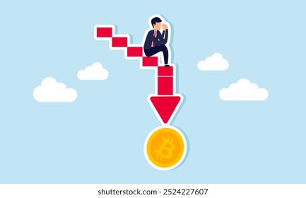 A sad and disappointed businessman sitting on a downward red graph pointing to a bitcoin, illustrating how business losses lead to a decrease in bitcoin valuation.