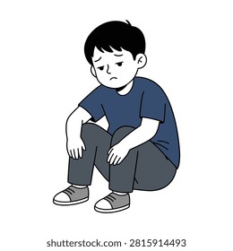 Sad disappointed little boy sitting crouched on the floor with dejected facial expression, flat design vector illustration isolated on white background. Perfect for children psychological, mental health, or emotional concepts.