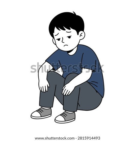 Sad disappointed little boy sitting crouched on the floor with dejected facial expression, flat design vector illustration isolated on white background. Perfect for children psychological, mental health, or emotional concepts.