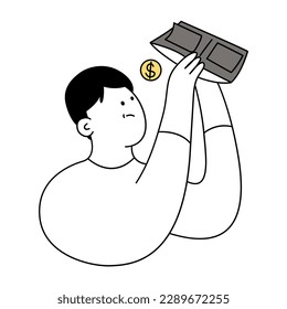 Sad and disappointed man cartoon opening his empty wallet.
Financial problems, no budget. People look into wallets. Thin line, doodle vector illustration on white 