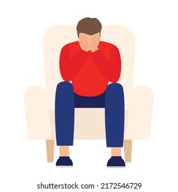 Sad and disappointed man sitting on a chair covering his face with hand, vector isolated over white background. Desperate casual guy having anxiety, distress depression feeling, seated alone.