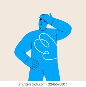 Sad disappointed man touching his face with bad thoughts feeling depressed and unhappy. Colorful vector illustration