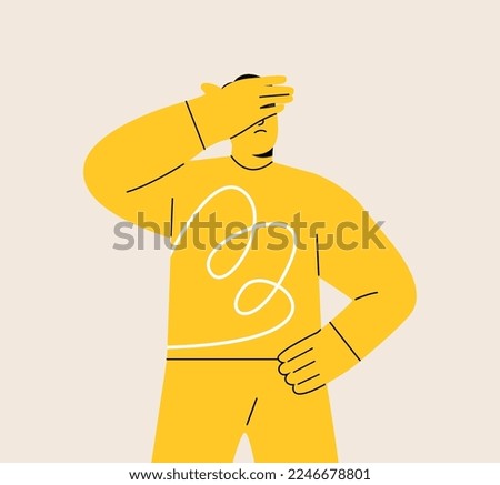 Sad disappointed man touching his face with bad thoughts feeling depressed and unhappy. Colorful vector illustration