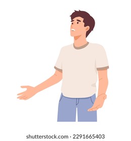 Sad disappointed man with unhappy face, oops gesture. Make excuses. Disappointed. Sorry. Flat vector illustration isolated on white background