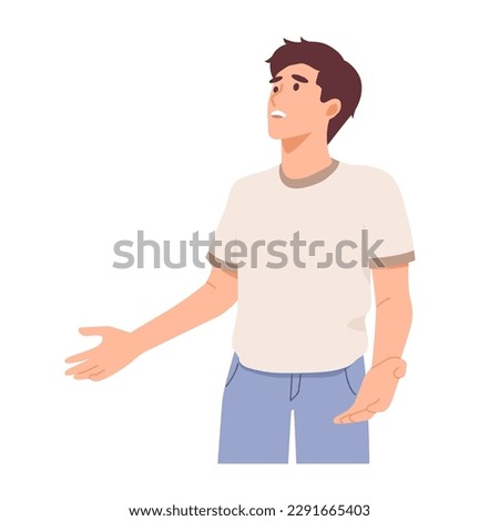 Sad disappointed man with unhappy face, oops gesture. Make excuses. Disappointed. Sorry. Flat vector illustration isolated on white background