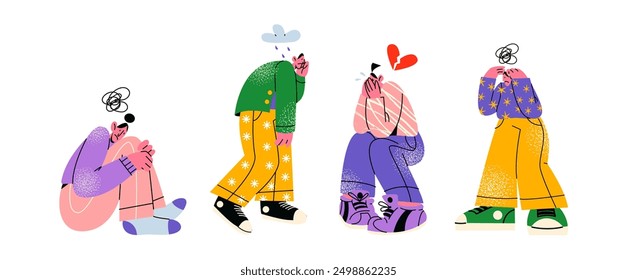 Sad disappointed mascot characters. Unhappy people, emotion of anxiety and sadness, sorrow. People in psychological problems, transitional age, depression. People express their feelings of worried