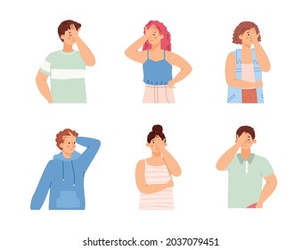 Tristes decepciones que cubren la cara con palmas. Personajes masculinos y femeninos en la expresión de estrés, emoción de disgusto, decepción, vergüenza, dolor. Ilustraciones aisladas de vectores