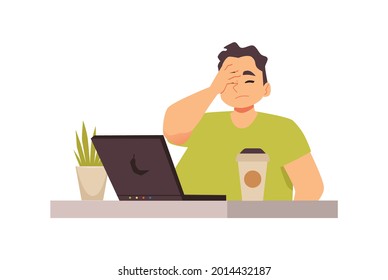 Triste y decepcionado joven sentado en el trabajo de oficina con laptop. Carácter masculino en la cubierta de estrés con la cara de expresión de la mano emociones de disgusto, decepción, cansado o abrumado. Vector