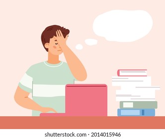 Sad disappointed young man sitting at workplace with laptop in stress cover face with hand. Guy expression emotions of upset, disappoint, embarrassed, sorrow. Vector illustration