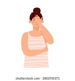 Sad disappointed young woman cover face with palm. Female character in stress expressing emotion of upset, disappointed, shame or sorrow. Flat cartoon vector isolated illustration.