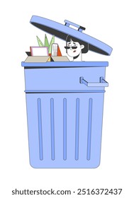 Sad discharged asian woman in waste container 2D cartoon character. Female feeling useless after firing from job isolated person flat vector on white background. Spot illustration colorful