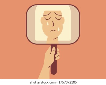 Sad and discouraged crying female character looking in the mirror. Selfcare vector concept. 