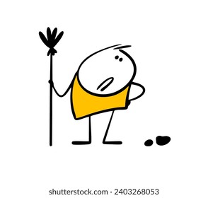Sad disgruntled stickman janitor holds a broom and looks at the dirt on the ground. Vector illustration of a cleaning service worker hates garbage.  Isolated doodle person on white background.