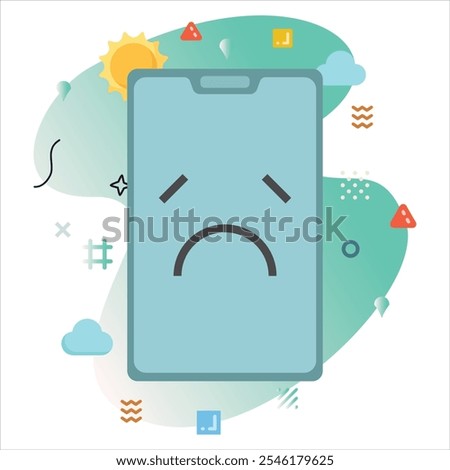 Sad Dismayed Emoji Expression on Smartphone Screen - Cheerful Digital Illustration with White Background and Abstract Shapes | Sad Dismayed emoji icon design on smartphone screen